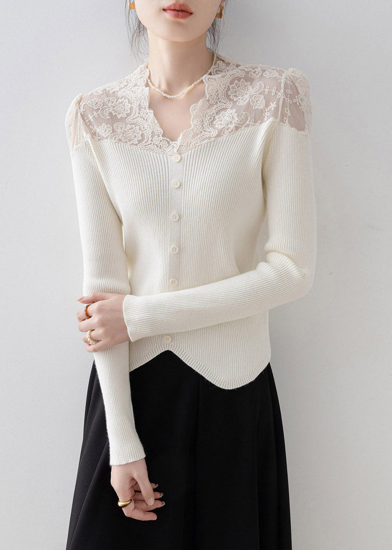 Apricot V Neck Lace Patchwork Knit Sweater Spring