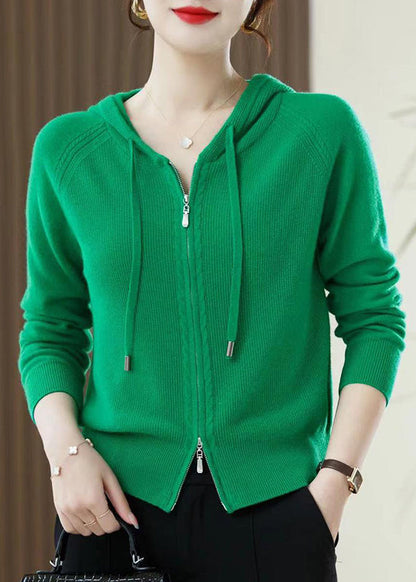 Red Zip Up Wool Knit Hooded Cardigans Spring