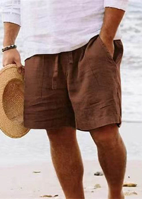 Simple Brown Pockets Elastic Waist Cotton Shorts Summer