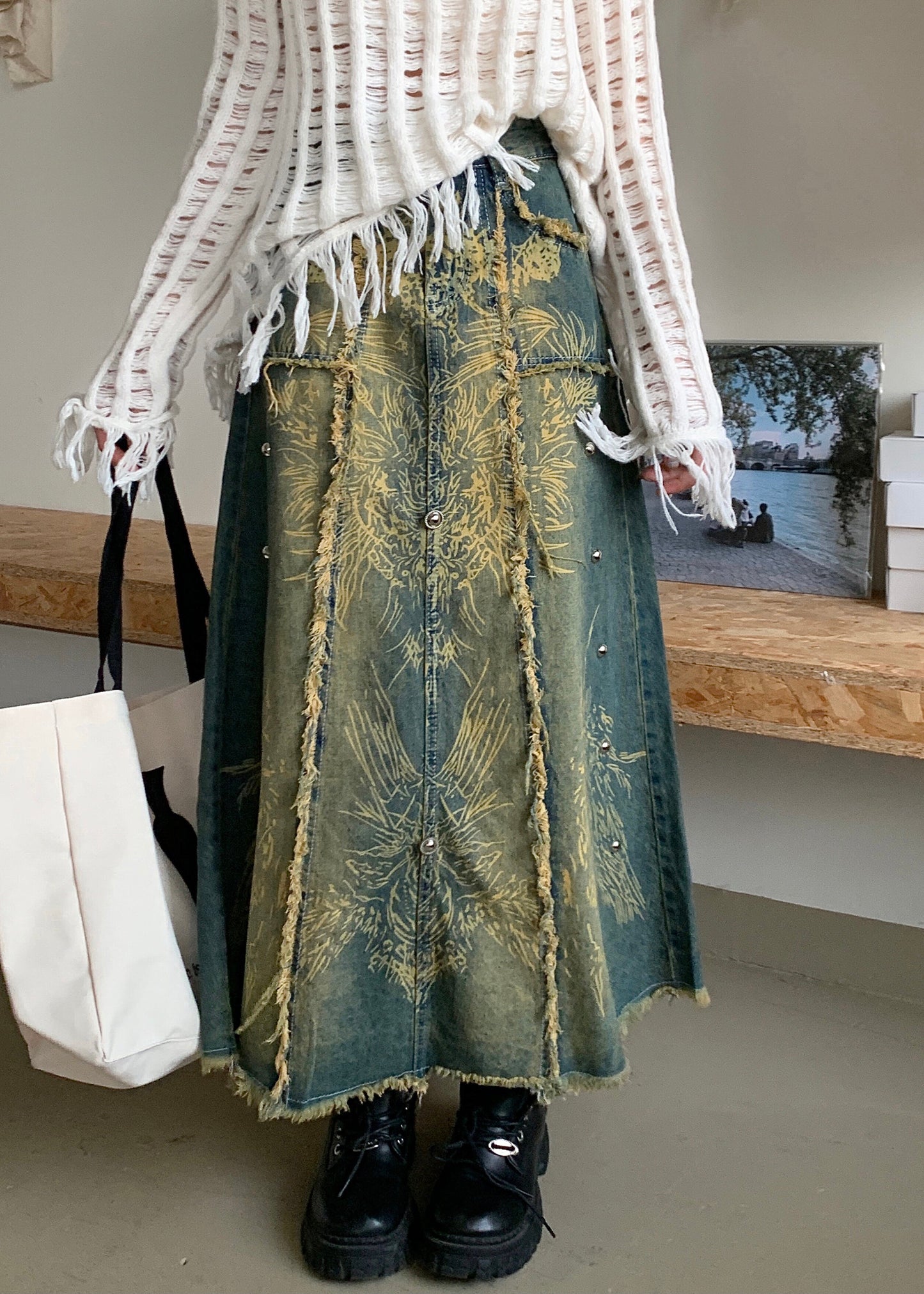 Modern Blue Print Pockets Denim a Line Skirts Fall