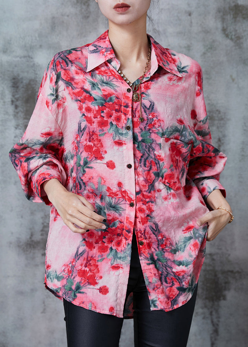 Red Plum Blossom Print Cotton Shirt Top Spring