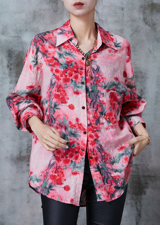 Red Plum Blossom Print Cotton Shirt Top Spring