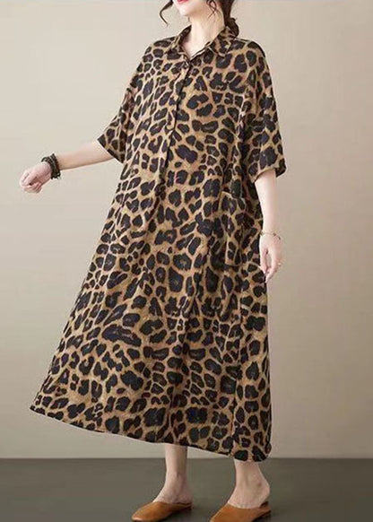 Leopard Peter Pan Collar Pockets Patchwork Cotton Long Dresses Summer