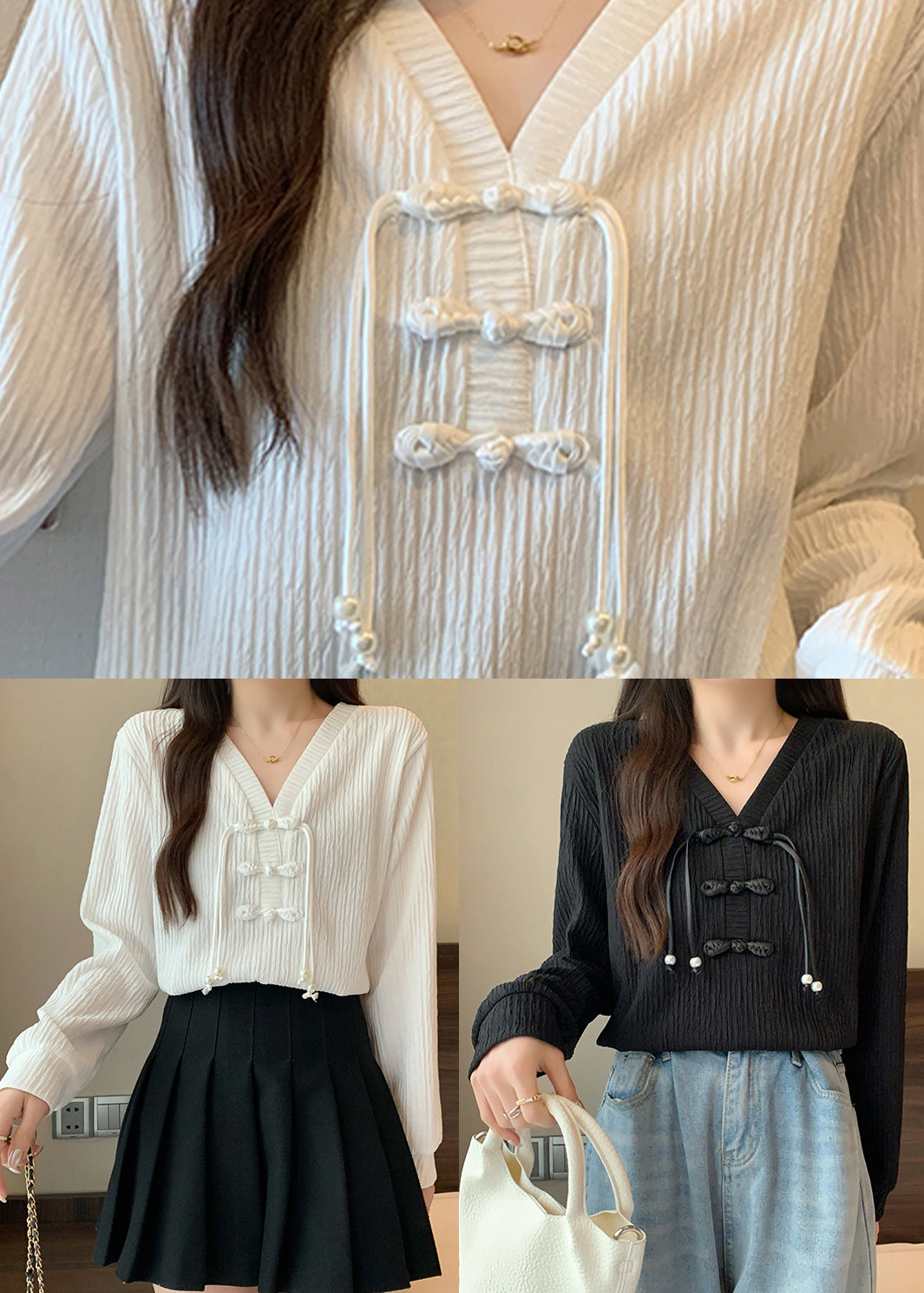 White V Neck Patchwork Cotton Shirt Top Fall