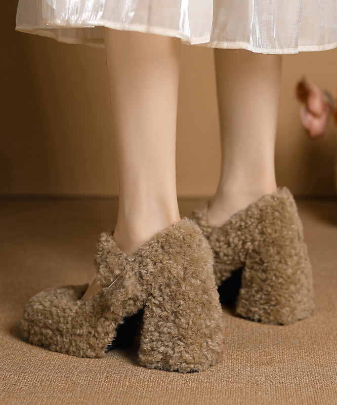 Khaki Chunky Buckle Strap Faux Fur Splicing High Heels