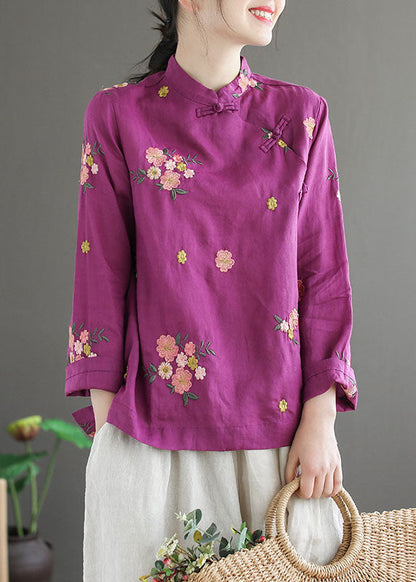 Purple Stand Collar Embroidered Patchwork Cotton Top Spring