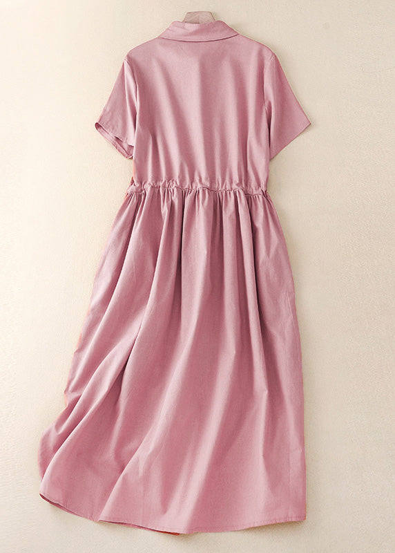 Pink Peter Pan Collar Drawstring Cotton Long Dress Summer