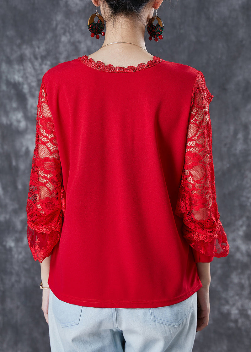Red Hollow Out Nail Bead Lace Shirt Top Summer