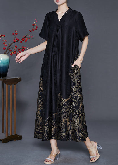 Black Tasseled Print Silk Dresses Summer