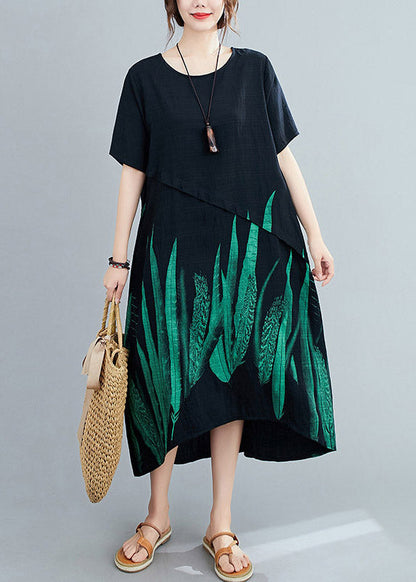 Loose Black O-neck Print Linen Maxi Dress Short Sleeve
