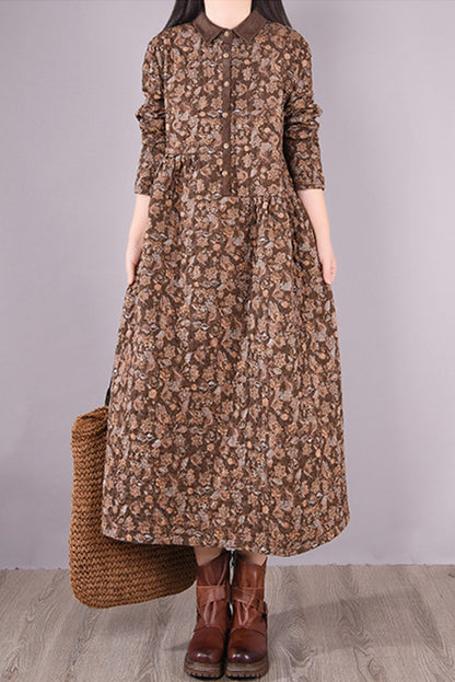 Winter Quilted Print Dress Cotton Linen Dress