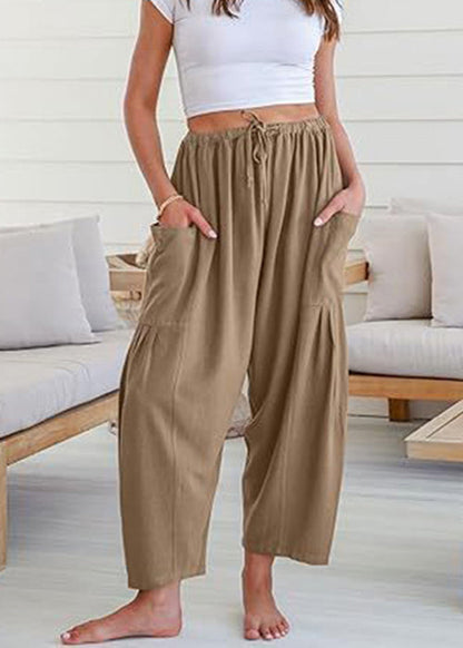 White Pockets Elastic Waist Cotton Pants Summer