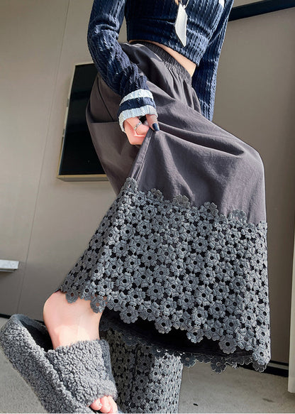 Grey Patchwork Cotton Wide Leg Pants Fall