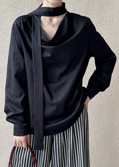 Black Loose Cotton Shirt Bow Long Sleeve