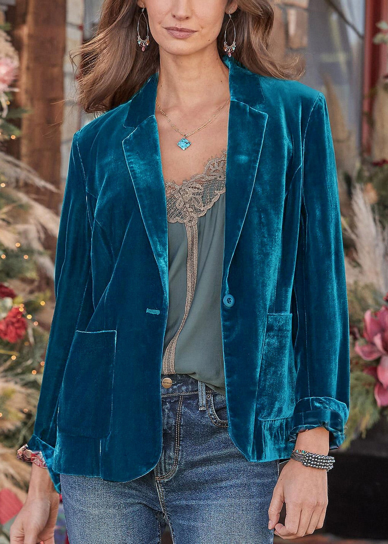 Stylish Blackish Green Notched Pockets Velvet Suit Coat Fall