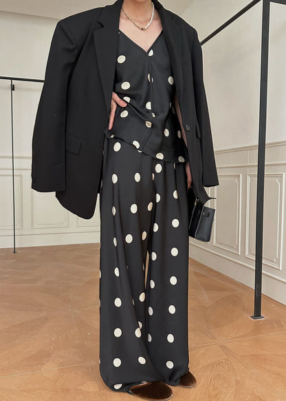 French Black Dot Print Strap and Pants Silk Two Pieces Set Summer