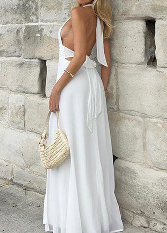 French White V Neck Backless Side Open Cotton Long Dress Sleeveless