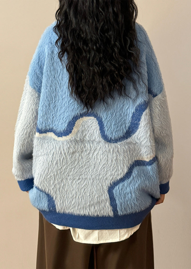 Blue Asymmetrical Fluffy Patchwork Knit Sweaters