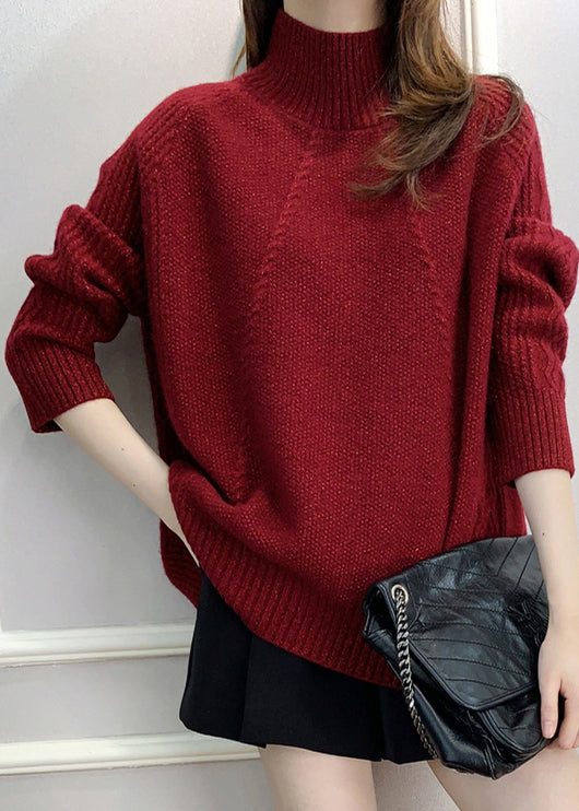 Red Turtleneck Cozy Cotton Knit Sweater Fall