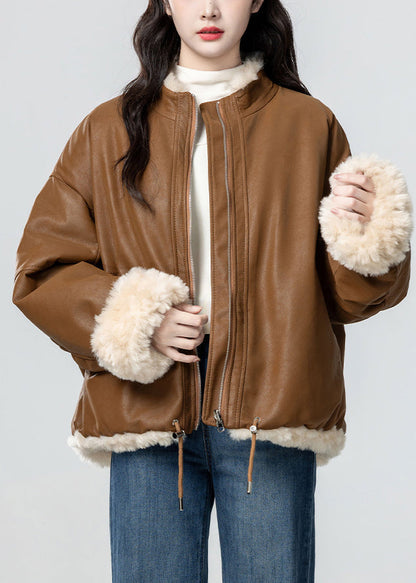 Loose Caramel Zip Up Pockets Wear on Both Sides Teddy Faux Fur Coats Winter