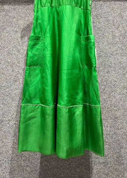 Art Green O Neck Pockets Patchwork Silk Dresses Sleeveless