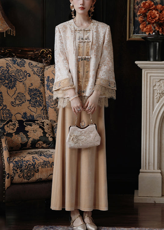 New Yellow Chinese Button Coat and Silk Velvet Skirts Two Pieces Set Fall