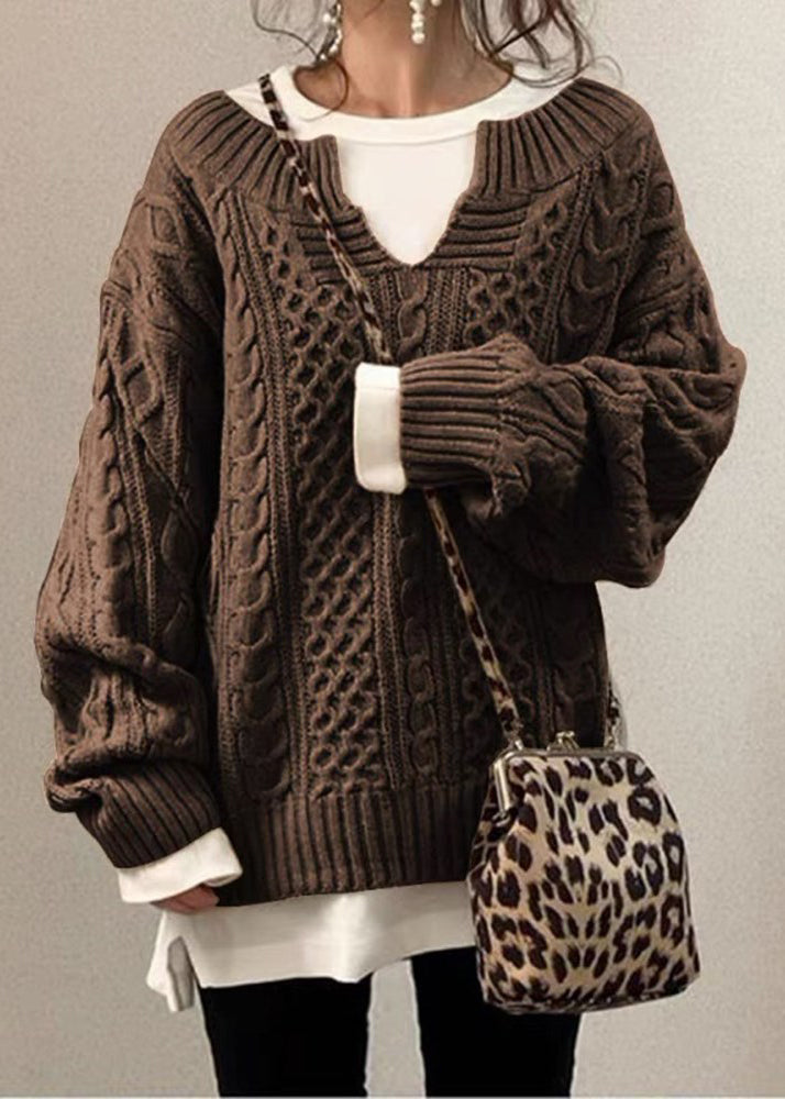 Simple Coffee V Neck Cozy Cable Knit Sweaters Fall