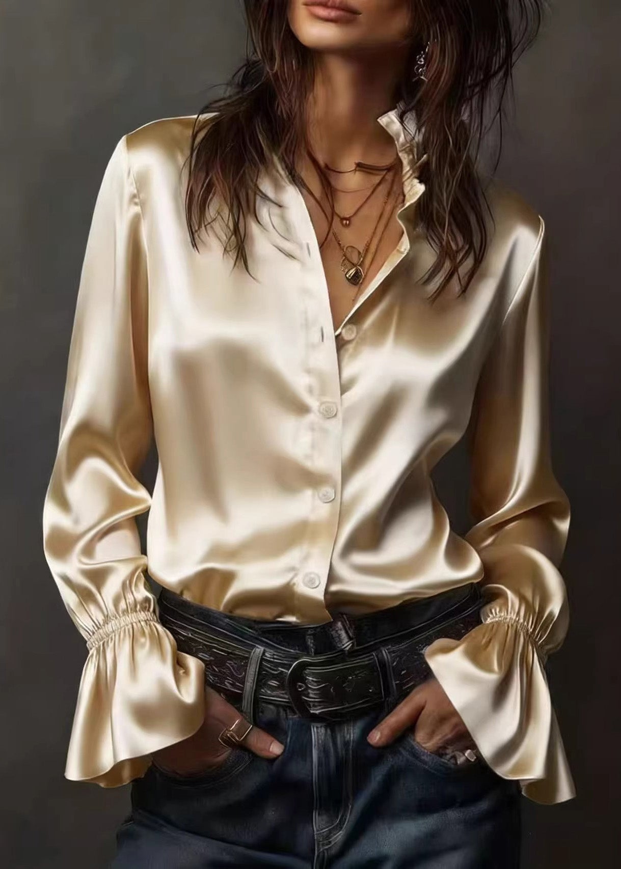 Champagne V Neck Silk Top Flare Sleeve