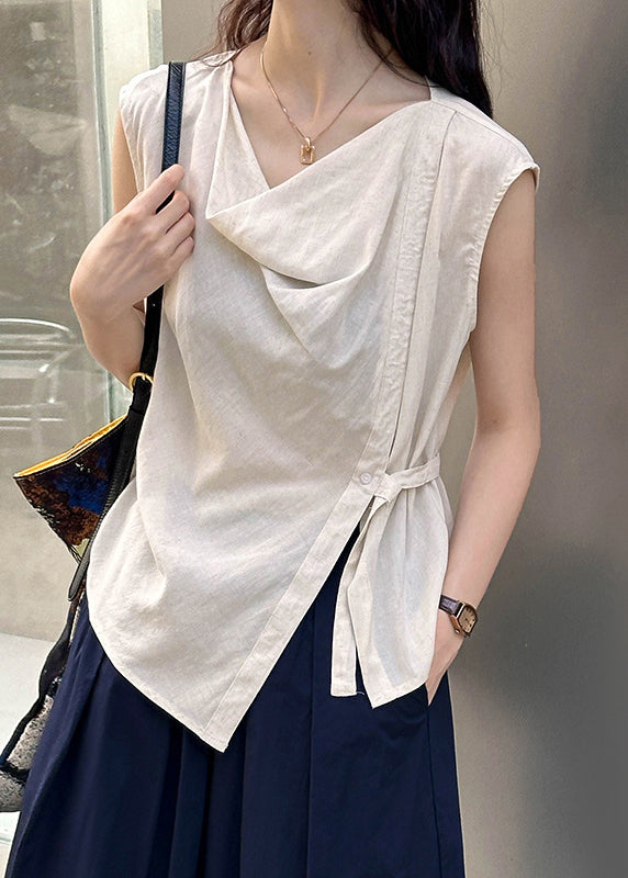 Beige Cotton Blouse Tops Turtle Neck Sleeveless