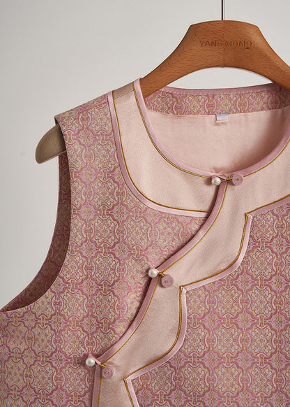 Pink Jacquard Patchwork Silk Oriental Vests Fall