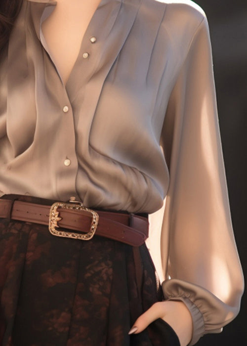 Stylish Grey Original Design Button Silk Shirts Fall
