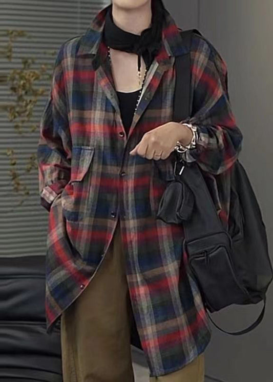 Peter Pan Collar Plaid Pockets Cotton Shirt Tops Fall