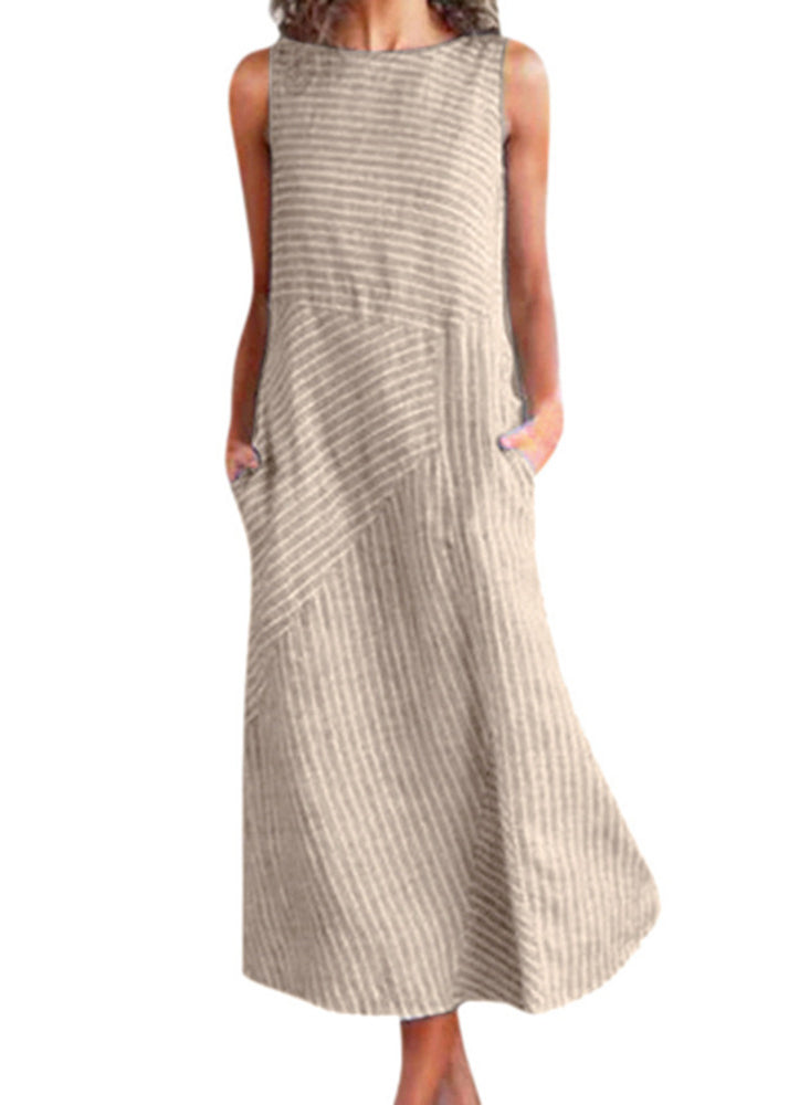 Blue O Neck Striped Pockets Cotton Dress Sleeveless