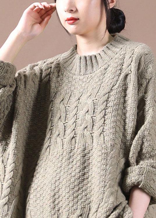 Khaki Loose Cable Knit Fall Long Knit Top