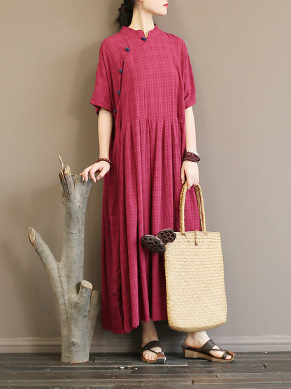 Pleated Plaid Chinese Style Dress