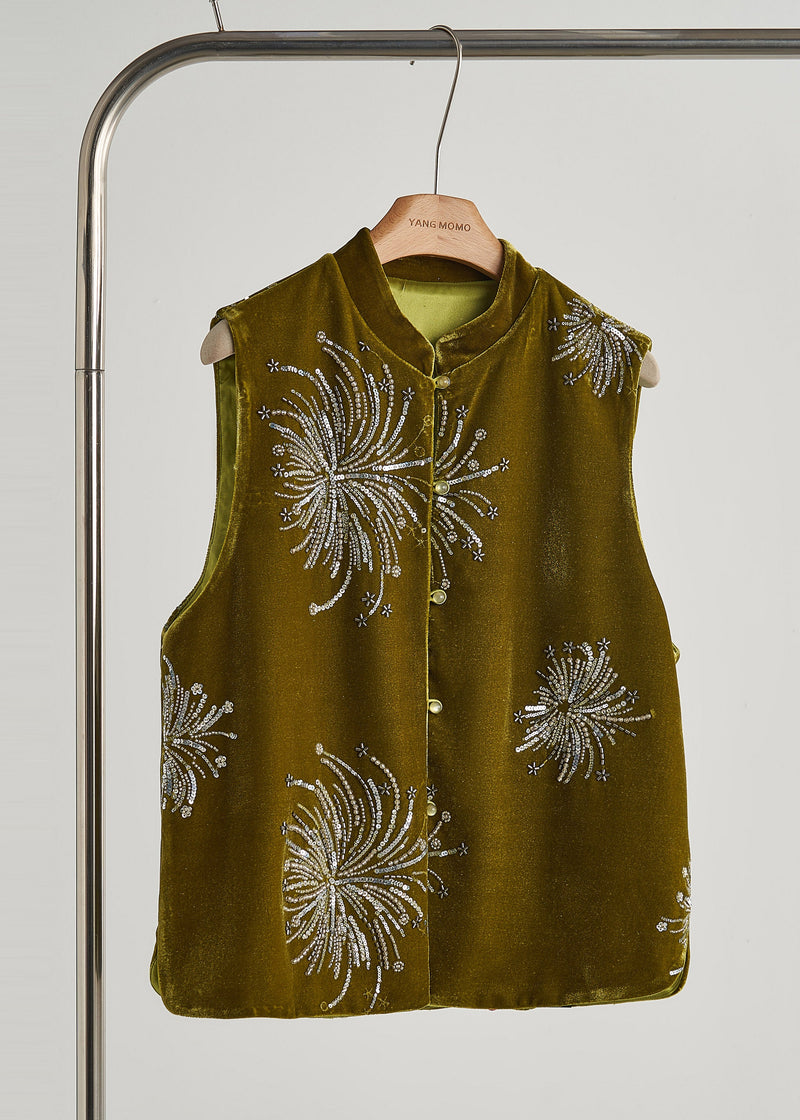 Green Sequins Embroidered Silk Velvet Vest Fall