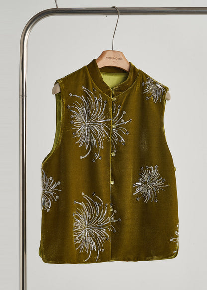 Green Sequins Embroidered Silk Velvet Vest Fall