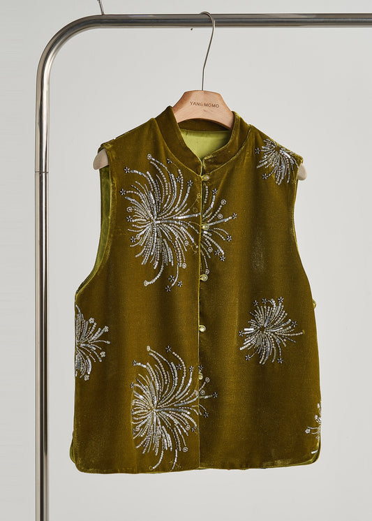 Green Sequins Embroidered Silk Velvet Vest Fall