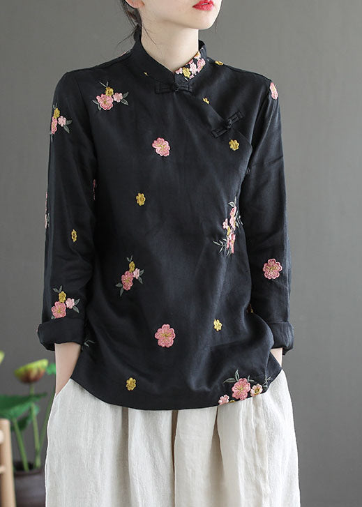 Black Stand Collar Embroidered Linen Shirt Long Sleeve