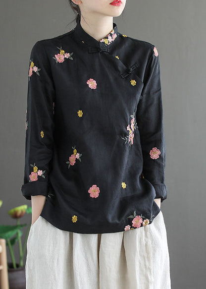 Black Stand Collar Embroidered Linen Shirt Long Sleeve