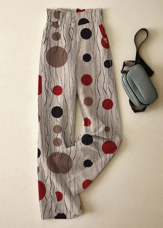 Grey-dot High Waist Button Linen Straigh Pants Summer