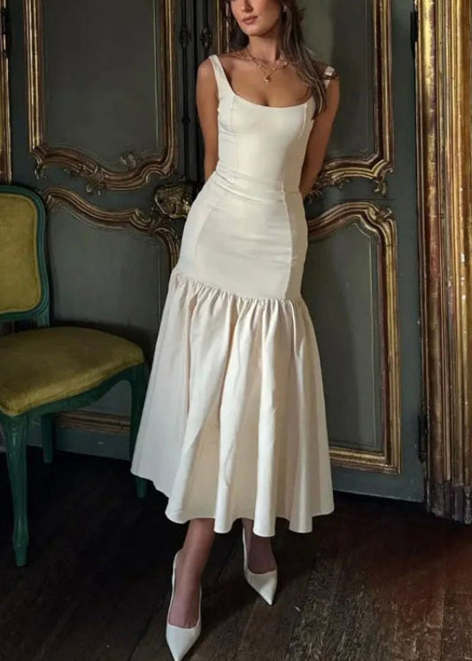 Slim Fit White Wrinkled Patchwork Cotton Spaghetti Strap Dress Summer