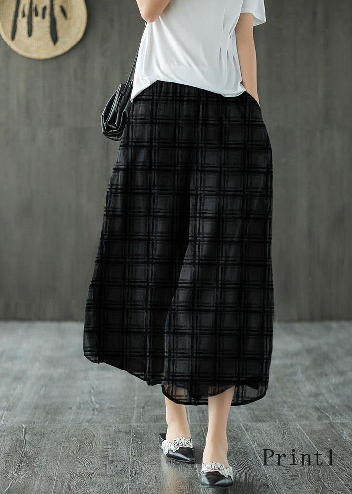 Handmade Black-print1 Elastic Waist Retro Wide Leg Crop Pants