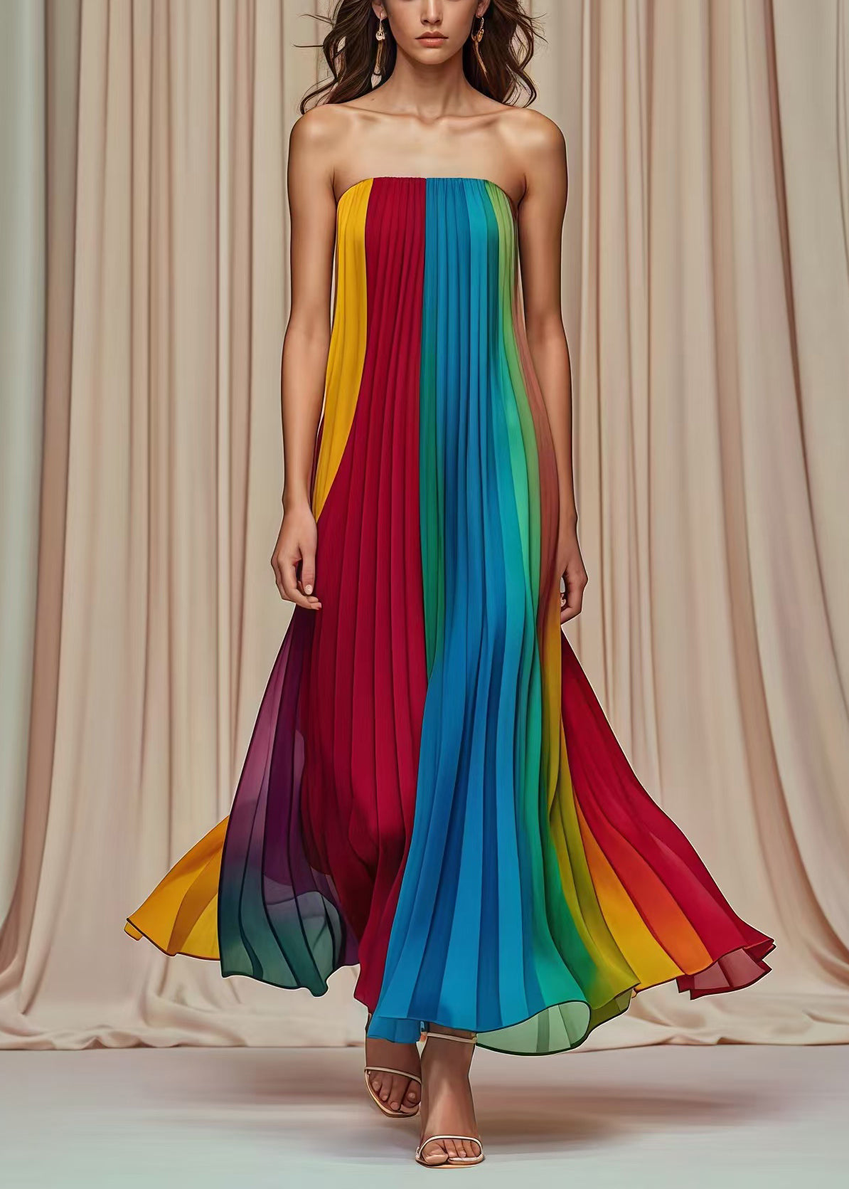 Multicolor Cold Shoulder Wrinkled Chiffon Strapless Dress Summer