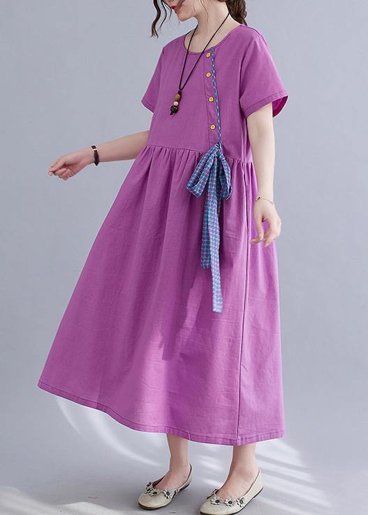 Natural Purple O-neck Linen Summer Cotton Dress