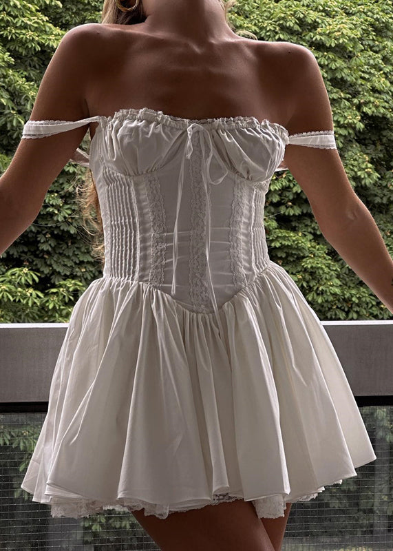 Slim Fit White Lace Cotton Mid Dress Sleeveless