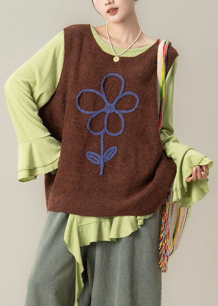 Art Green Asymmetrical T Shirts and Coffee Knit Vest Two Piece Set Flare Sleeve