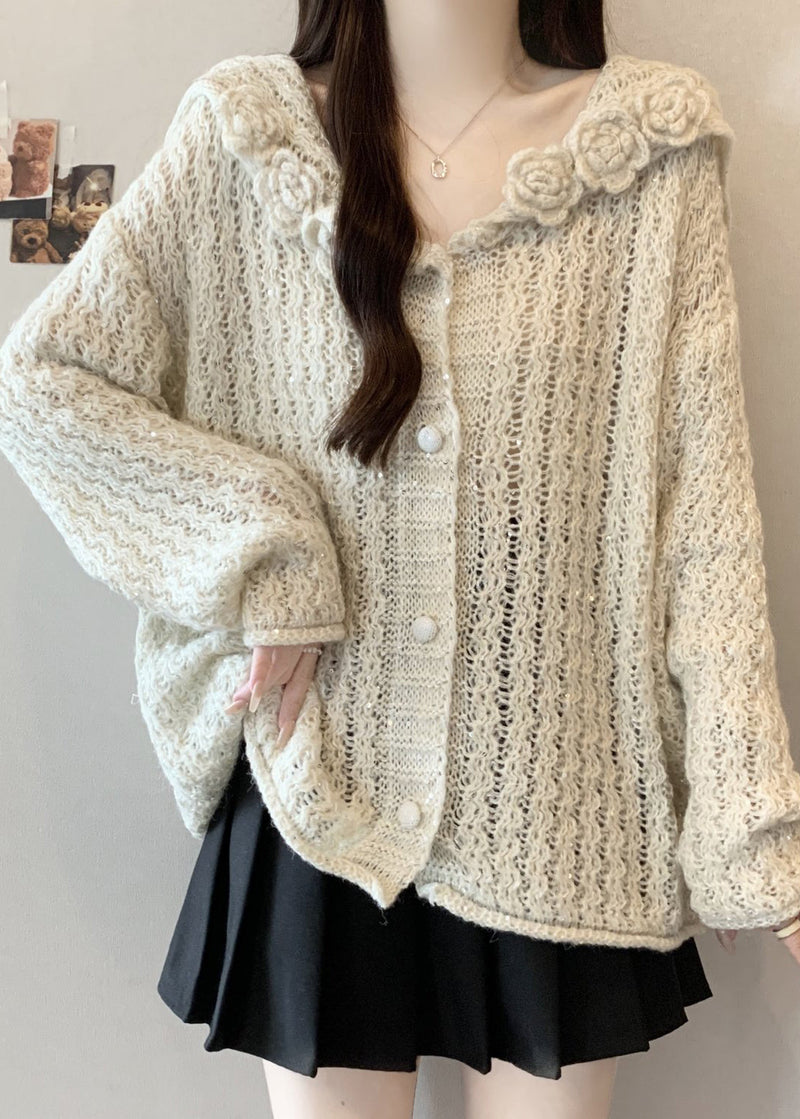 White Three-dimensional Knit Cardigan Oversized Fall