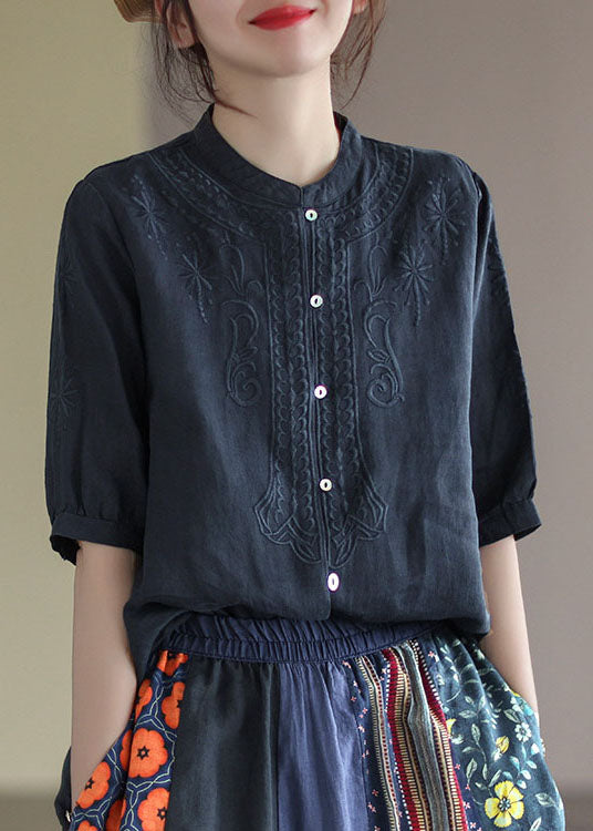 Navy Cotton Shirts Stand Collar Embroidered Half Sleeve