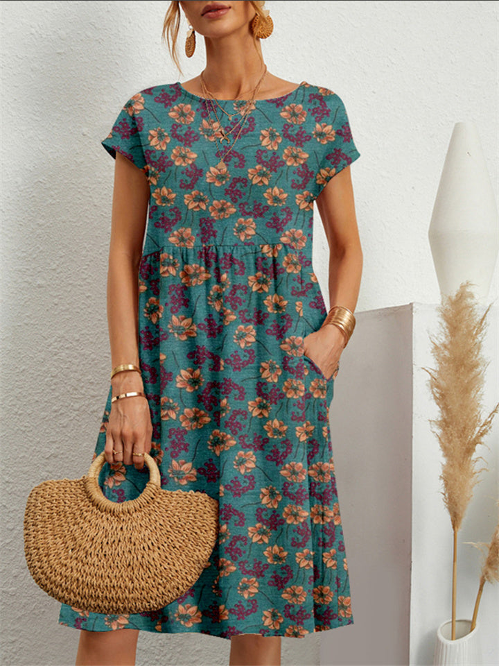 New Loose Cotton and Linen Sleeveless Round Neck Printed A-line Skirt